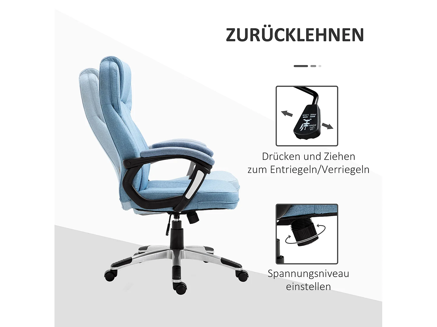 Fauteuil de bureau ergonomique avec dossier haut, réglable en hauteur, tissu lin, bleu clair (66x75x120 cm)