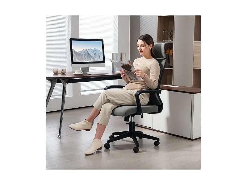 Fauteuil de bureau ergonomique avec accoudoirs, tête inclinable, tissu en polyester, gris foncé (69x60.5x117 cm)