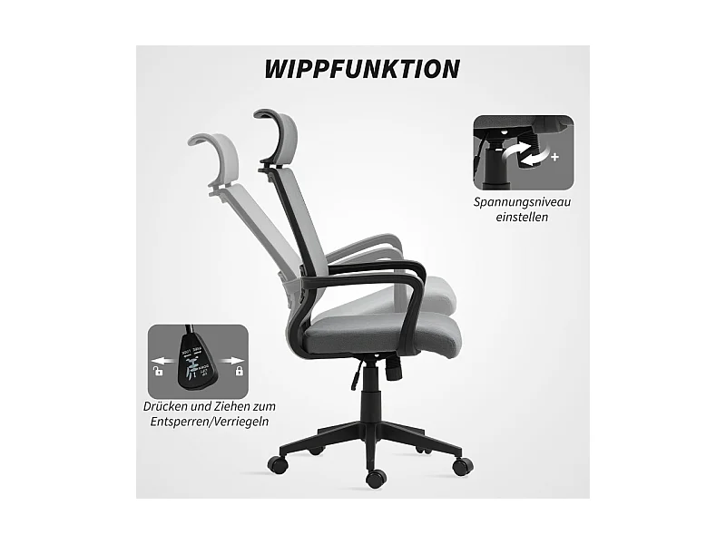 Fauteuil de bureau ergonomique avec accoudoirs, tête inclinable, tissu en polyester, gris foncé (69x60.5x117 cm)