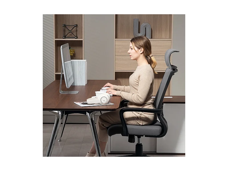 Fauteuil de bureau ergonomique avec accoudoirs, tête inclinable, tissu en polyester, gris foncé (69x60.5x117 cm)