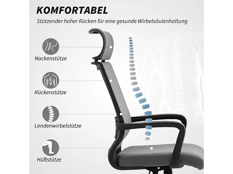 Fauteuil de bureau ergonomique avec accoudoirs, tête inclinable, tissu en polyester, gris foncé (69x60.5x117 cm)