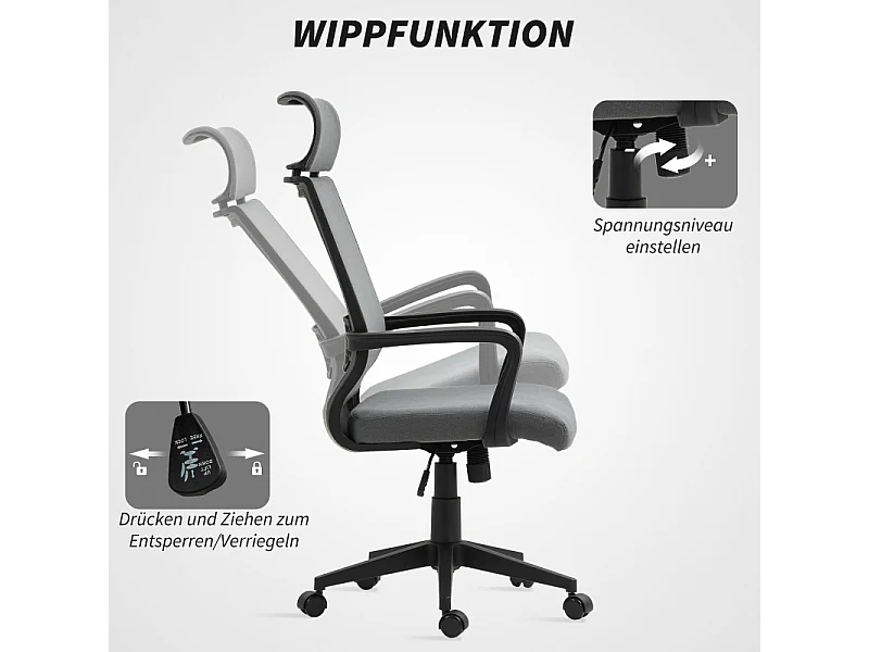 Fauteuil de bureau ergonomique avec accoudoirs, tête inclinable, tissu en polyester, gris foncé (69x60.5x117 cm)