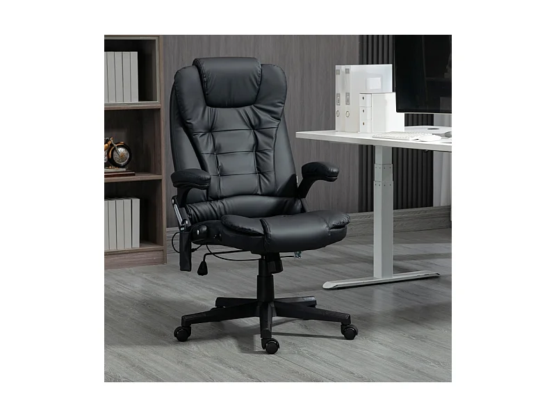 Chaise de bureau ergonomique avec fonction massage, cuir synthétique, pivotante, noire (70x70x121 cm)