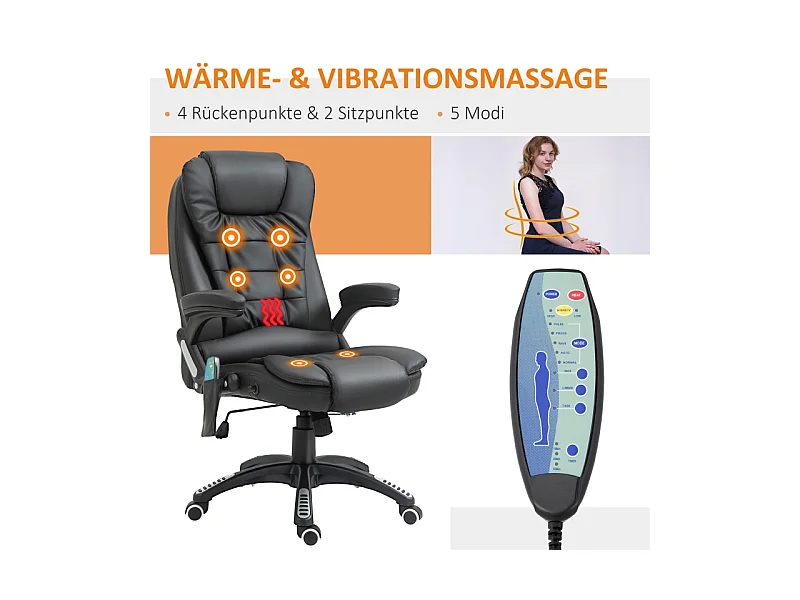 Chaise de bureau ergonomique avec fonction massage, cuir synthétique, pivotante, noire (70x70x121 cm)