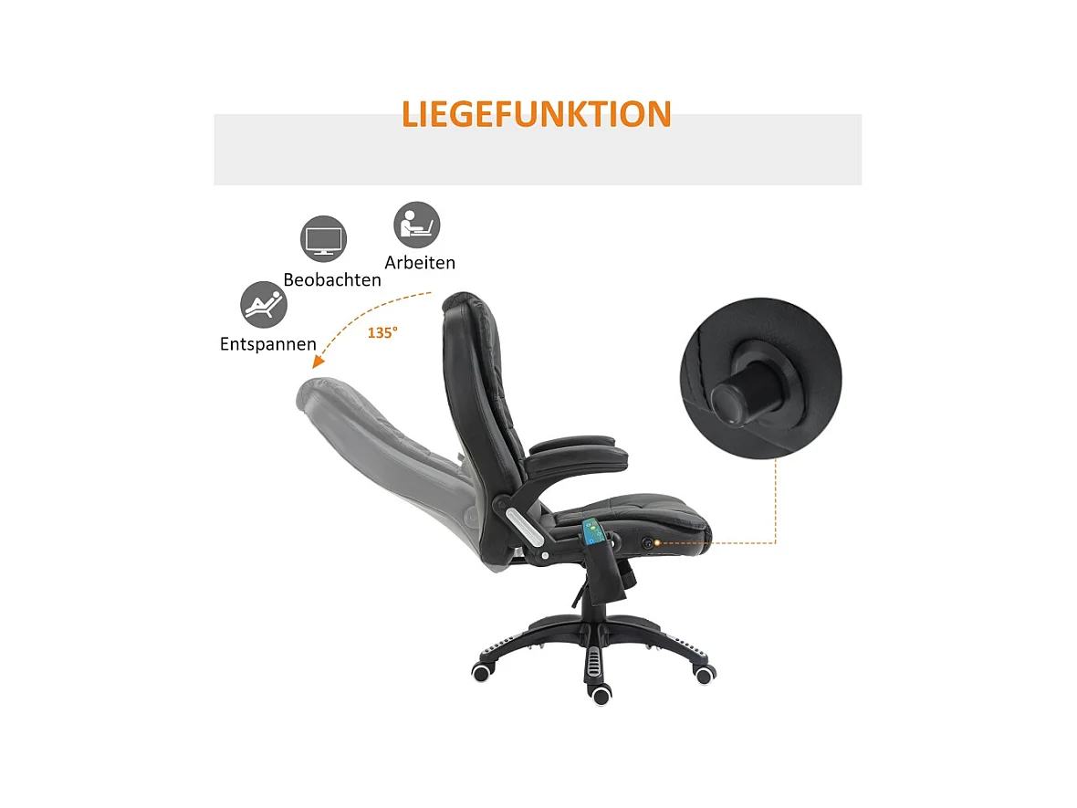 Chaise de bureau ergonomique avec fonction massage, cuir synthétique, pivotante, noire (70x70x121 cm)