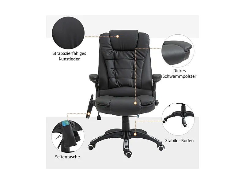 Chaise de bureau ergonomique avec fonction massage, cuir synthétique, pivotante, noire (70x70x121 cm)