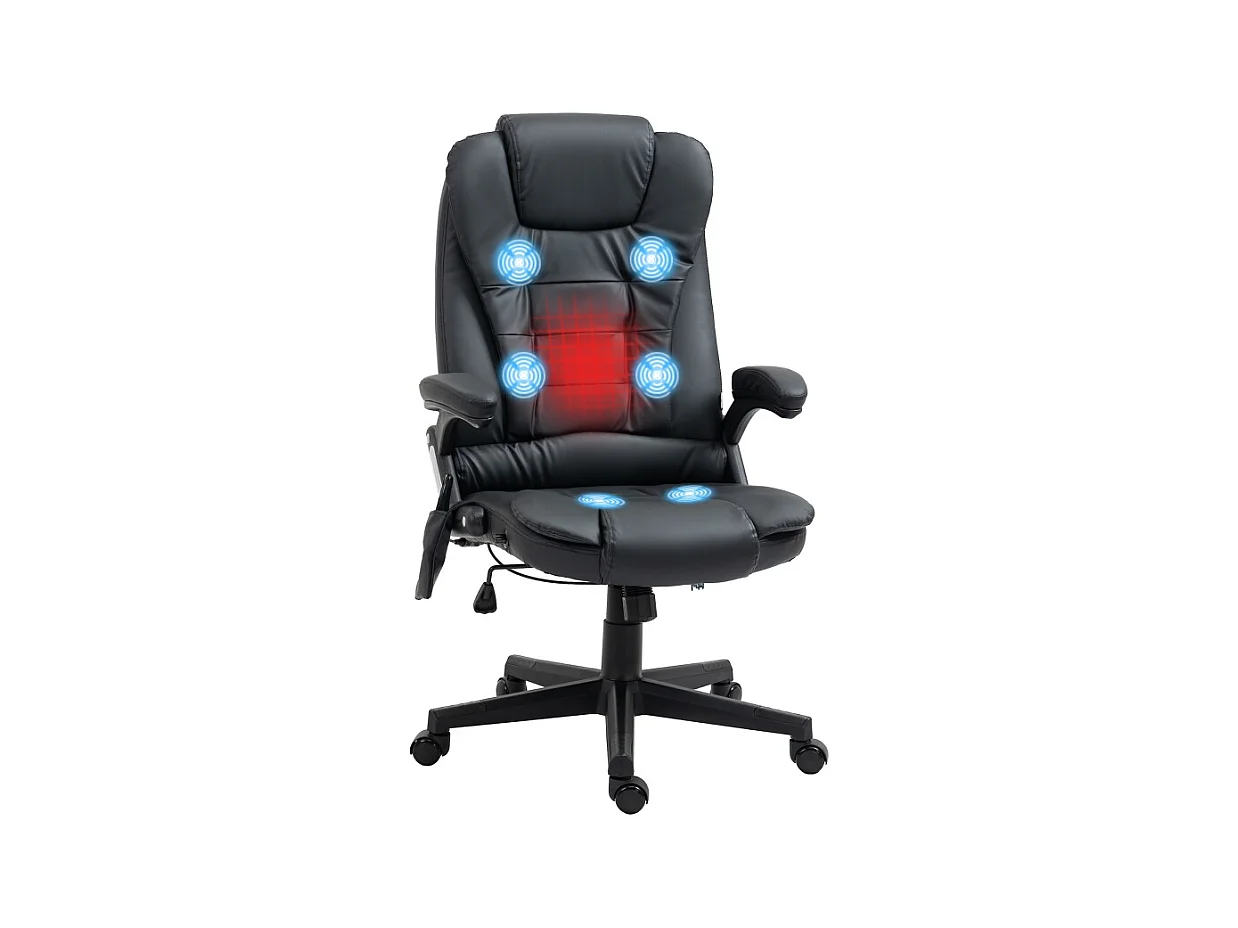 Chaise de bureau ergonomique avec fonction massage, cuir synthétique, pivotante, noire (70x70x121 cm)