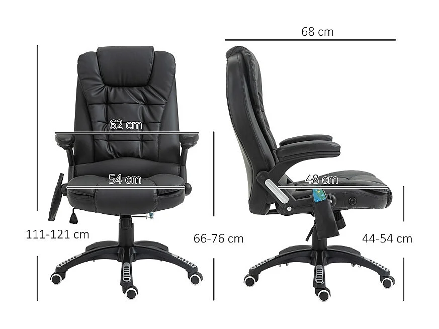 Chaise de bureau ergonomique avec fonction massage, cuir synthétique, pivotante, noire (70x70x121 cm)