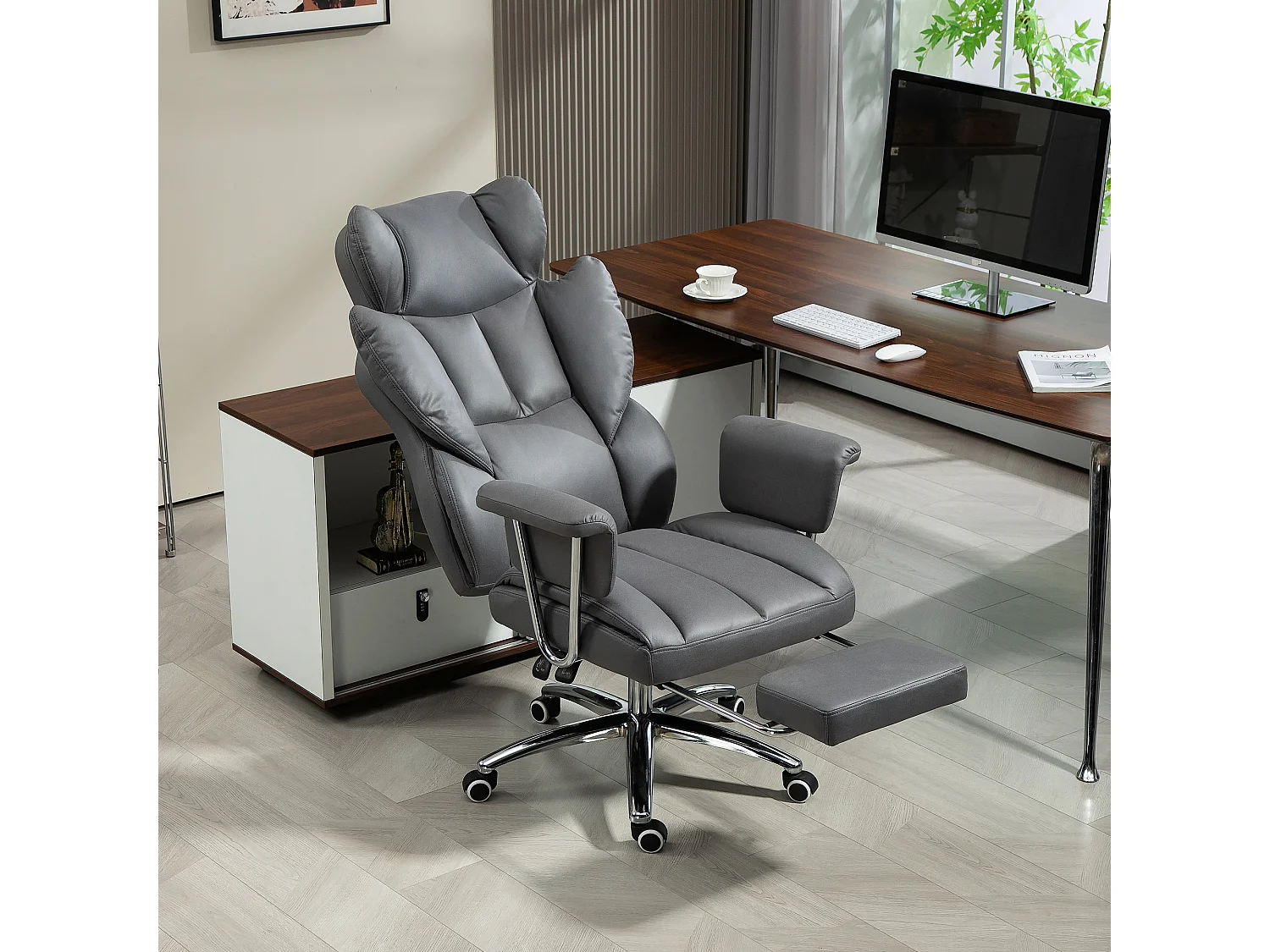 Chaise de bureau ergonomique avec fonction inclinable, fauteuil de travail pivotant avec repose-pieds, revêtement en mousse, gris foncé (74x65x128 cm)