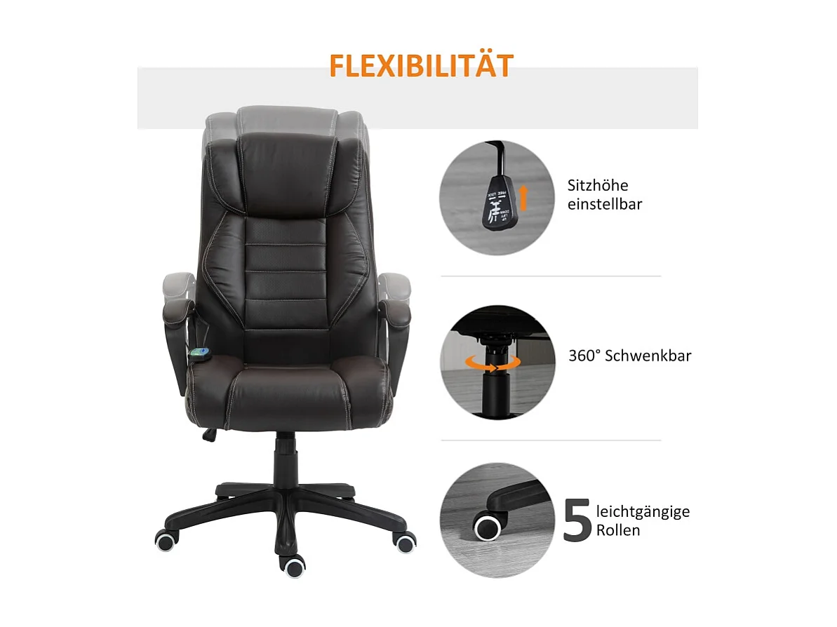 Chaise de bureau avec fonction massage, ergonomique, en simili cuir, marron (64x74x120 cm)