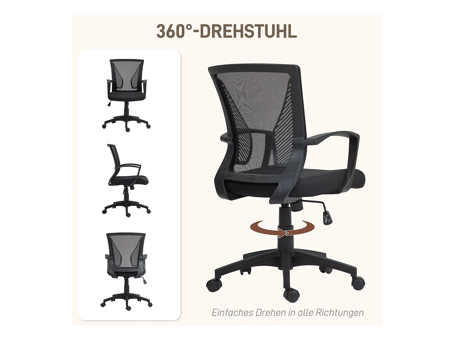 Chaise de bureau ergonomique avec fonction bascule, réglable en hauteur, tissu, noir (62x60x92-102 cm)