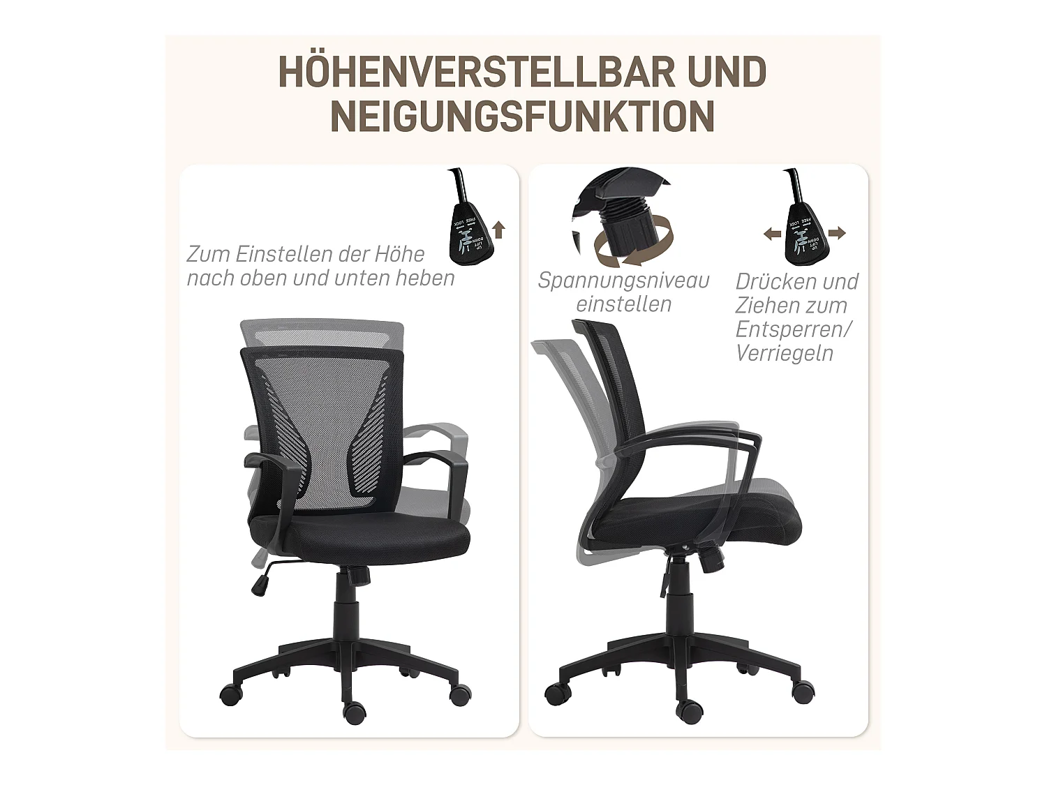 Silla de oficina ergonómica con función balancín, regulable en altura, tela, color negro (62x60x92-102 cm)