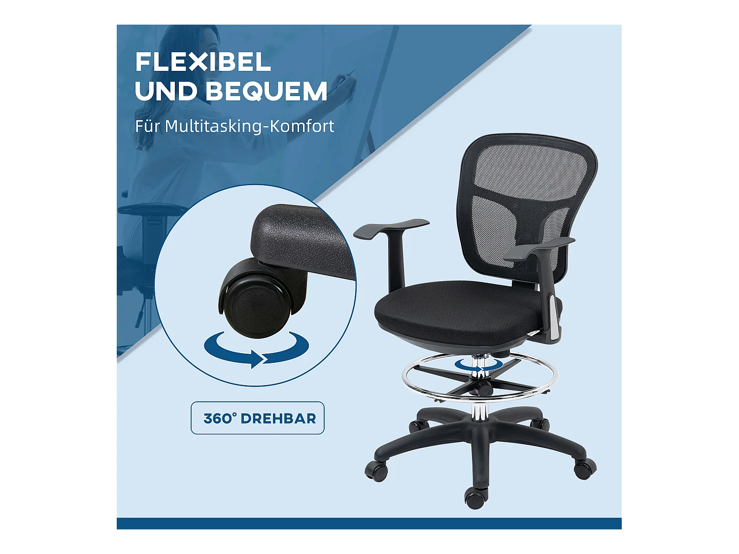 Fauteuil de bureau ergonomique avec accoudoirs et repose-pieds, mesh noir, hauteur réglable (59x59x95-115cm)