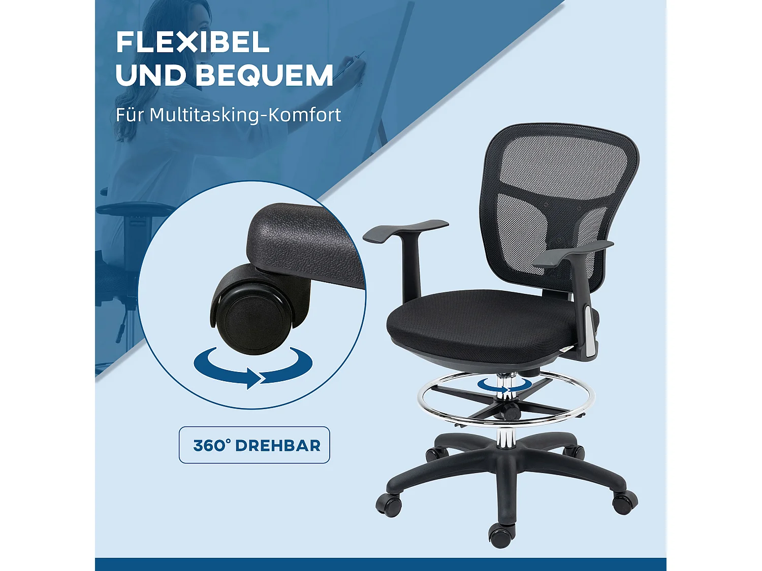 Sedia da ufficio ergonomica con braccioli e poggiapiedi, rete nera, altezza regolabile (59x59x95-115cm)