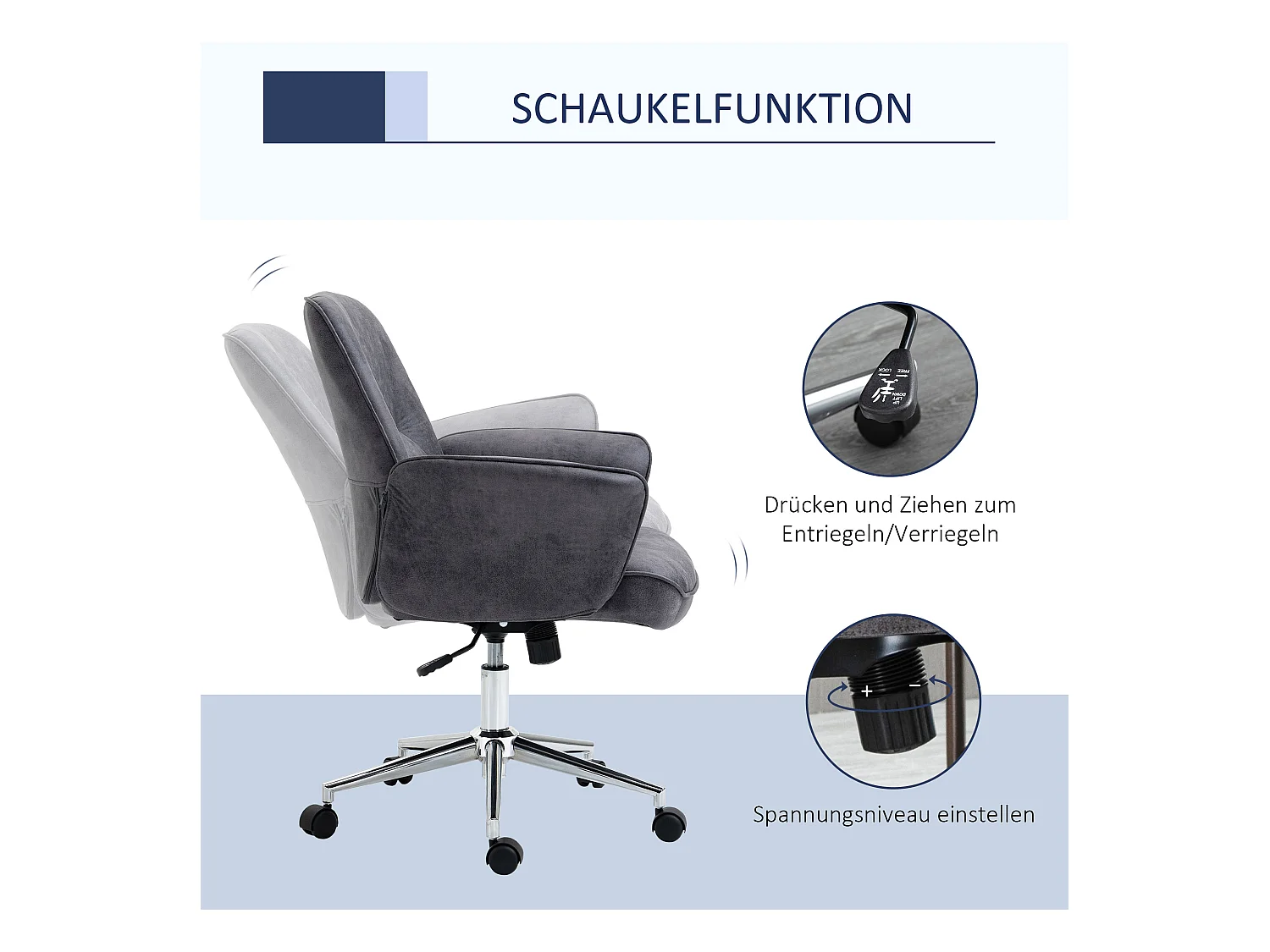 Chaise de bureau XXL, ergonomique avec fonction bascule, réglable en hauteur, acier, gris (67x69x102 cm)