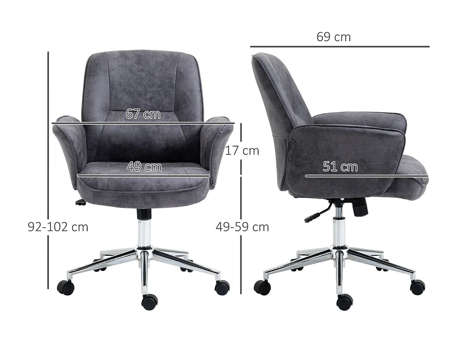 Chaise de bureau XXL, ergonomique avec fonction bascule, réglable en hauteur, acier, gris (67x69x102 cm)