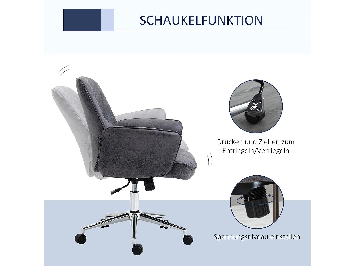 Chaise de bureau XXL, ergonomique avec fonction bascule, réglable en hauteur, acier, gris (67x69x102 cm)