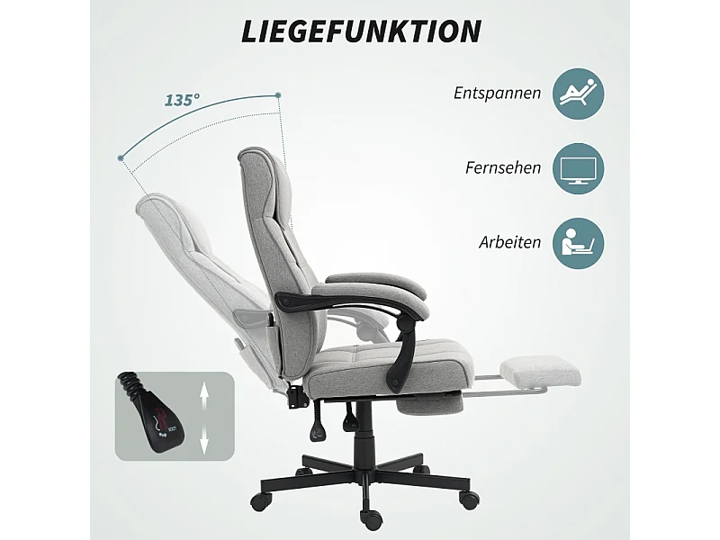 Fauteuil de bureau avec fonction massage, dossier inclinable, mousse haute densité, polyester, gris (70x65x117cm)