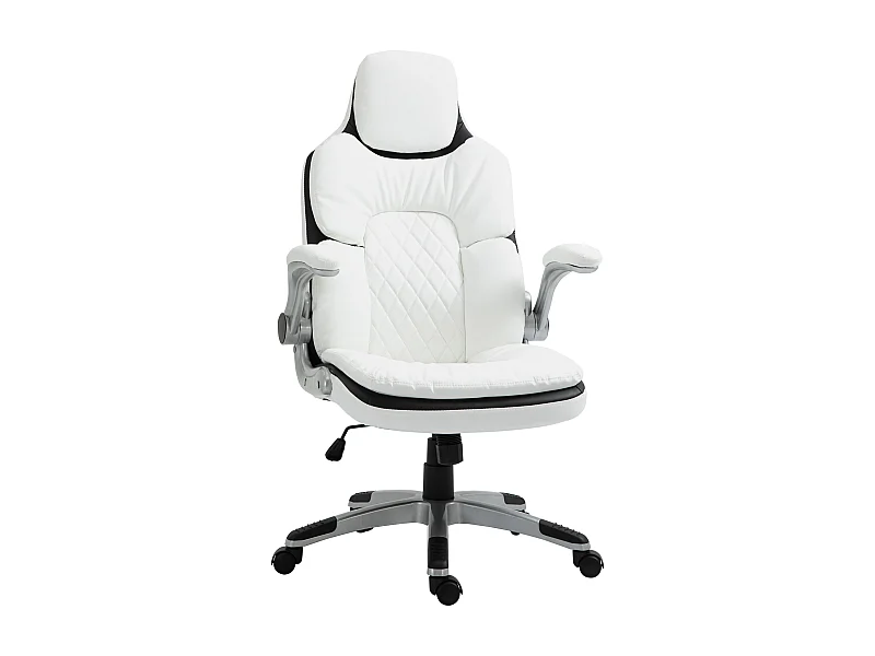 Chaise de bureau ergonomique avec accoudoirs rabattables, fonction basculante, PU, blanc (69x67x113-121 cm)
