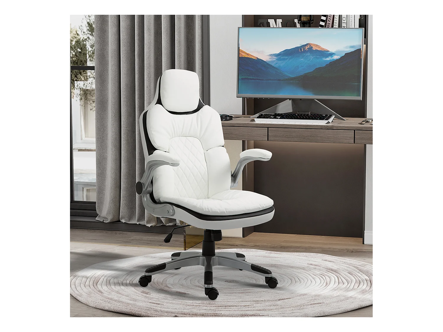 Chaise de bureau ergonomique avec accoudoirs rabattables, fonction basculante, PU, blanc (69x67x113-121 cm)