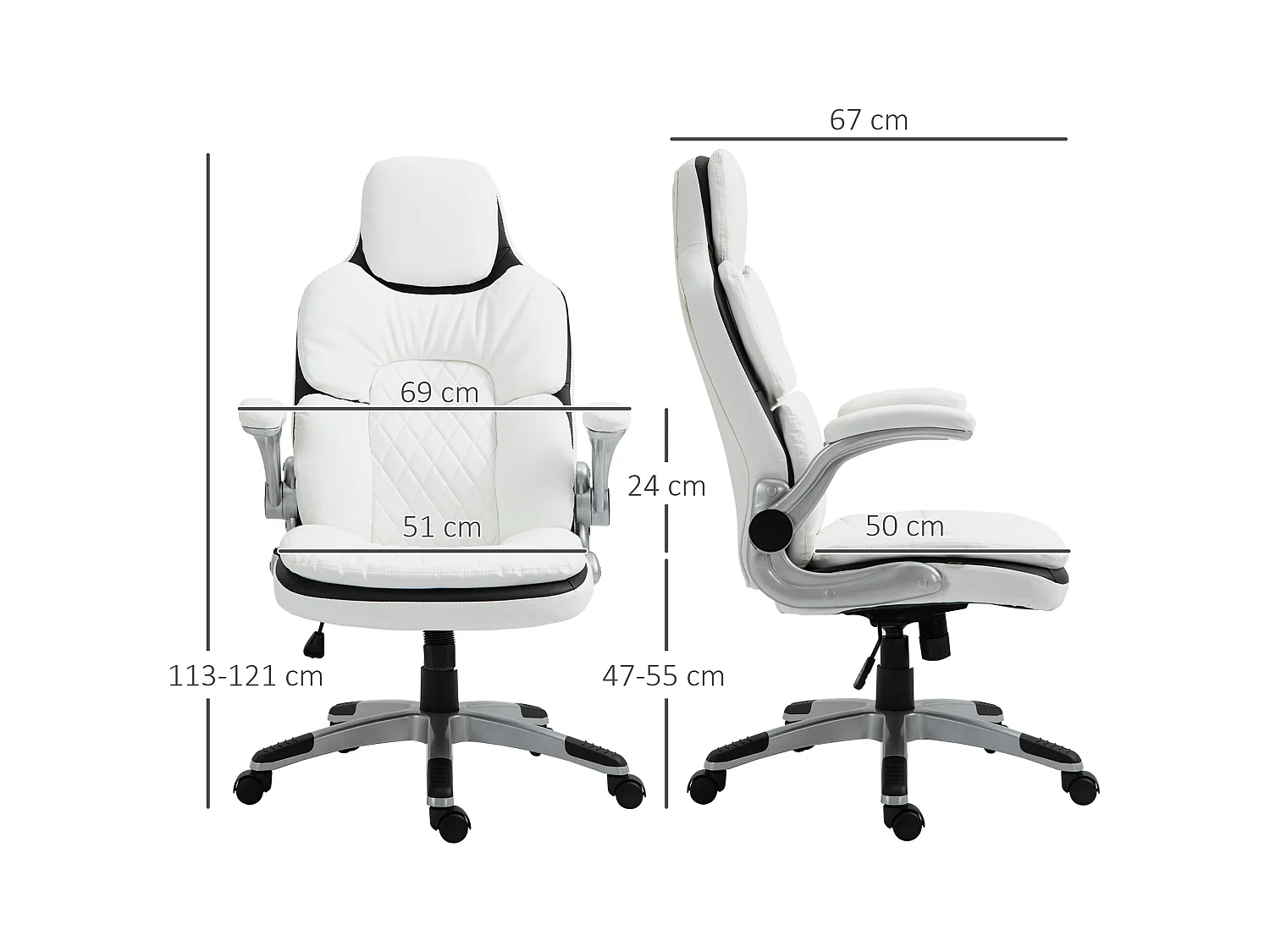 Chaise de bureau ergonomique avec accoudoirs rabattables, fonction basculante, PU, blanc (69x67x113-121 cm)