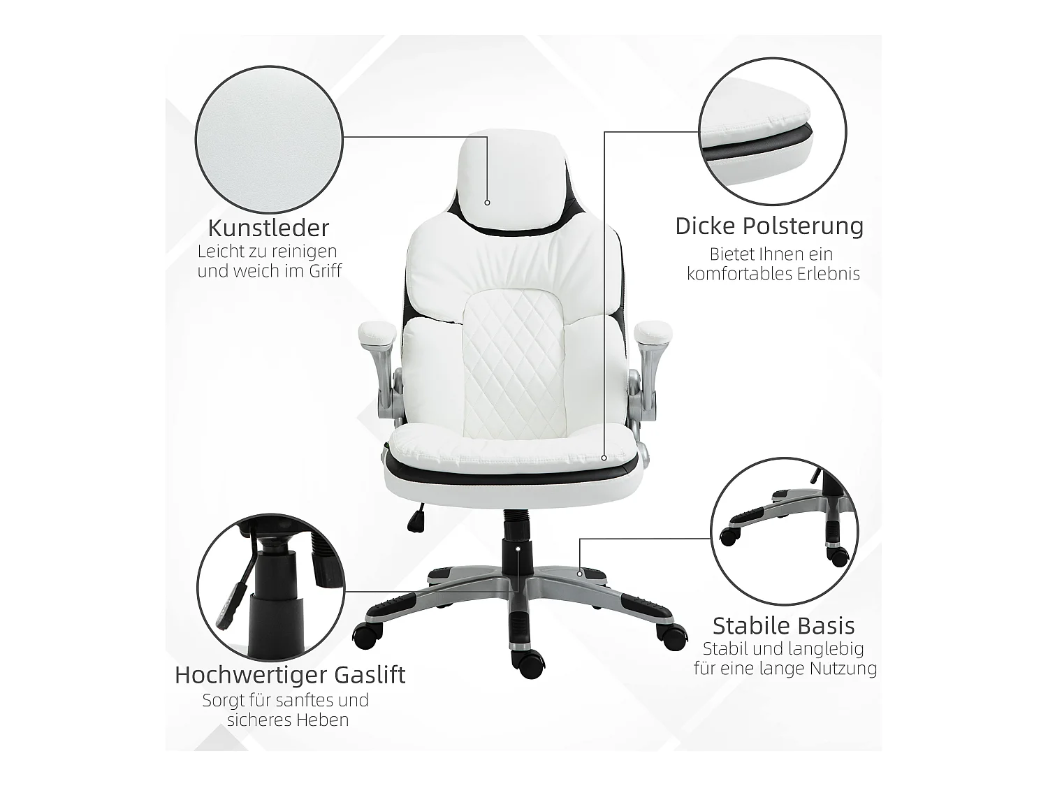 Chaise de bureau ergonomique avec accoudoirs rabattables, fonction basculante, PU, blanc (69x67x113-121 cm)