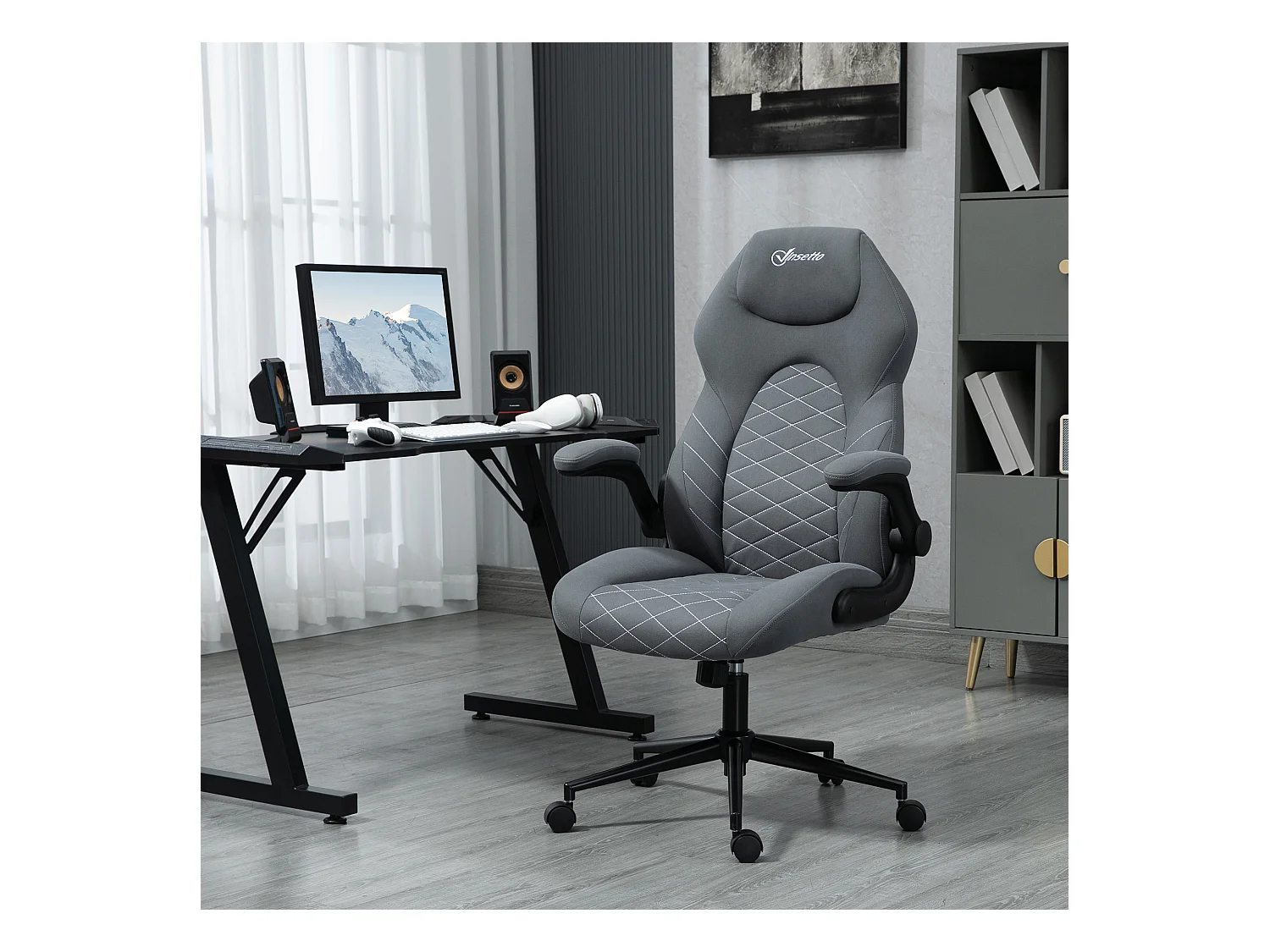 Fauteuil de bureau ergonomique avec fonction bascule, accoudoirs réglables, polyester gris foncé (65.5x69.5x122cm)