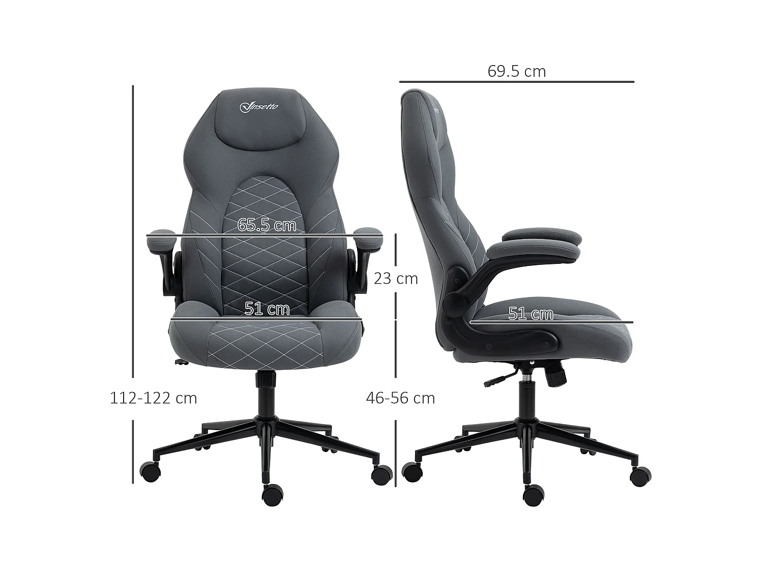 Fauteuil de bureau ergonomique avec fonction bascule, accoudoirs réglables, polyester gris foncé (65.5x69.5x122cm)