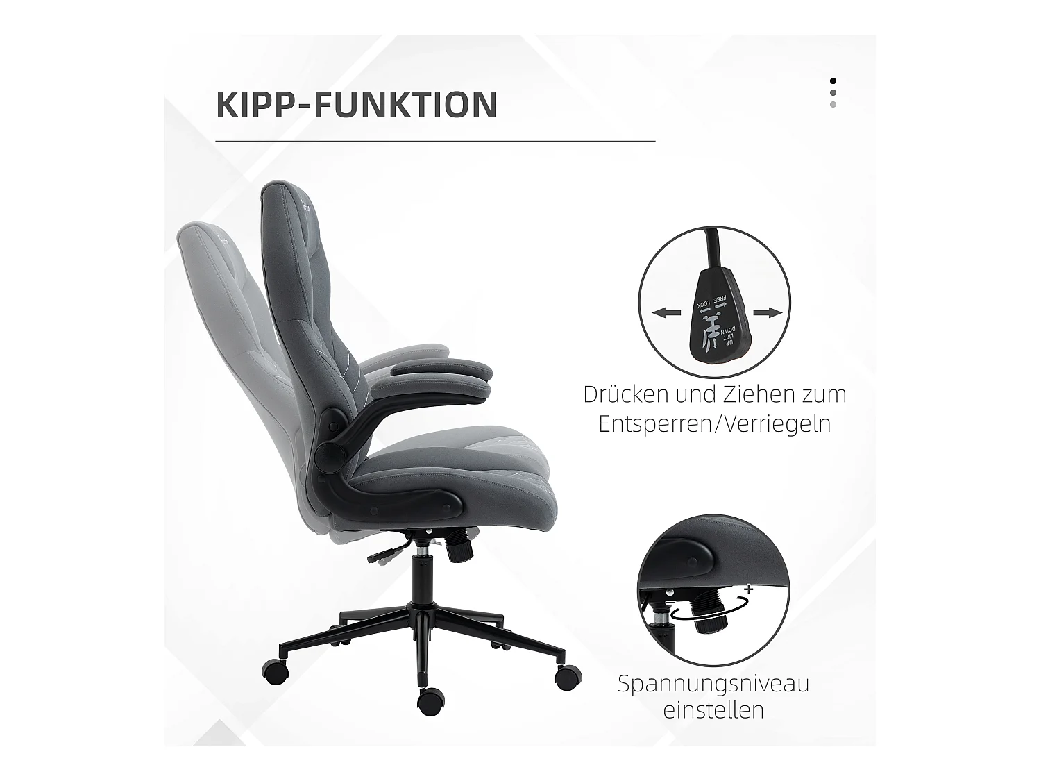 Fauteuil de bureau ergonomique avec fonction bascule, accoudoirs réglables, polyester gris foncé (65.5x69.5x122cm)