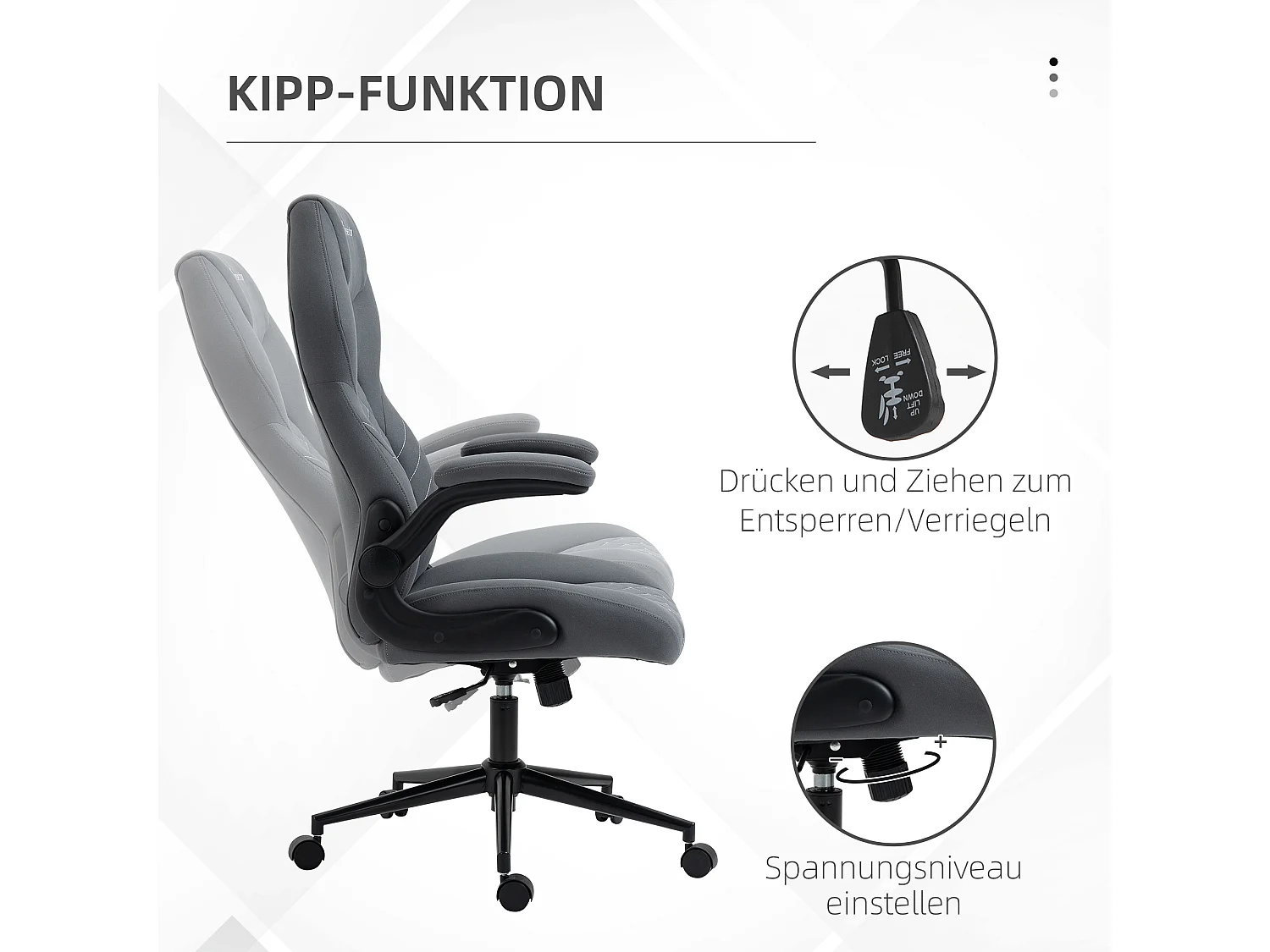 Fauteuil de bureau ergonomique avec fonction bascule, accoudoirs réglables, polyester gris foncé (65.5x69.5x122cm)