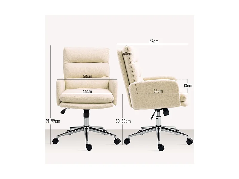 Chaise de bureau ergonomique, avec accoudoirs et fonction basculante, en tissu effet laine, crème (67x58x91-99 cm)