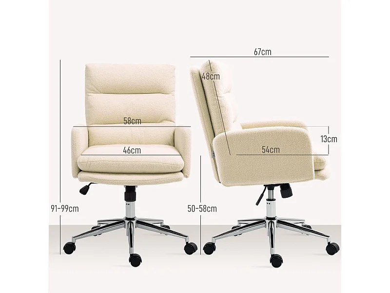 Ergonomische bureaustoel met armleuningen en kantelfunctie, in wollen stof, crème (67x58x91-99 cm)