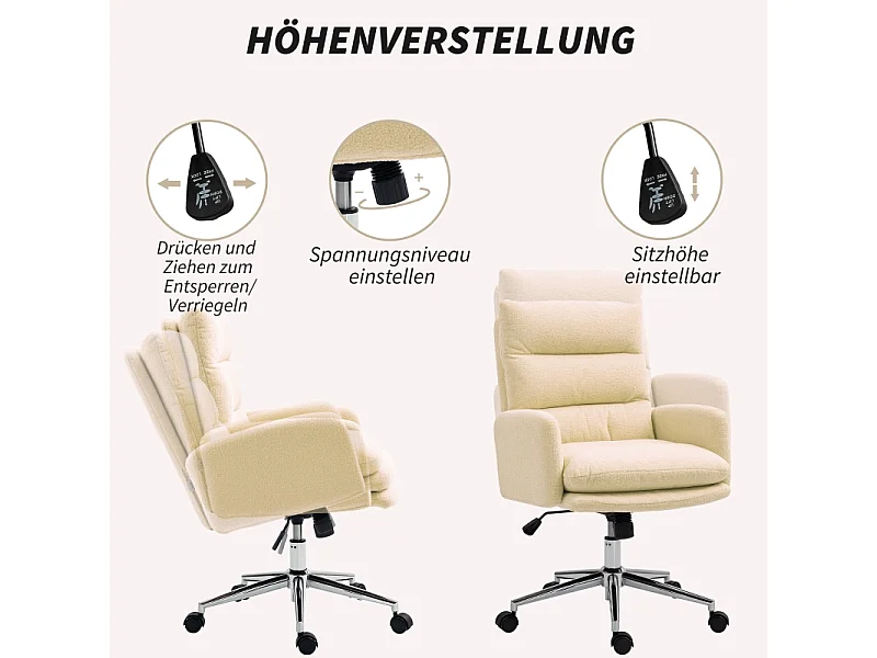 Ergonomische bureaustoel met armleuningen en kantelfunctie, in wollen stof, crème (67x58x91-99 cm)