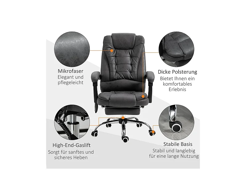 Fauteuil de Bureau avec Massage et Chauffage, Ergonomique, 6 Points de Massage, Repose-Pieds, Tissu, Gris (65x70x119 cm)