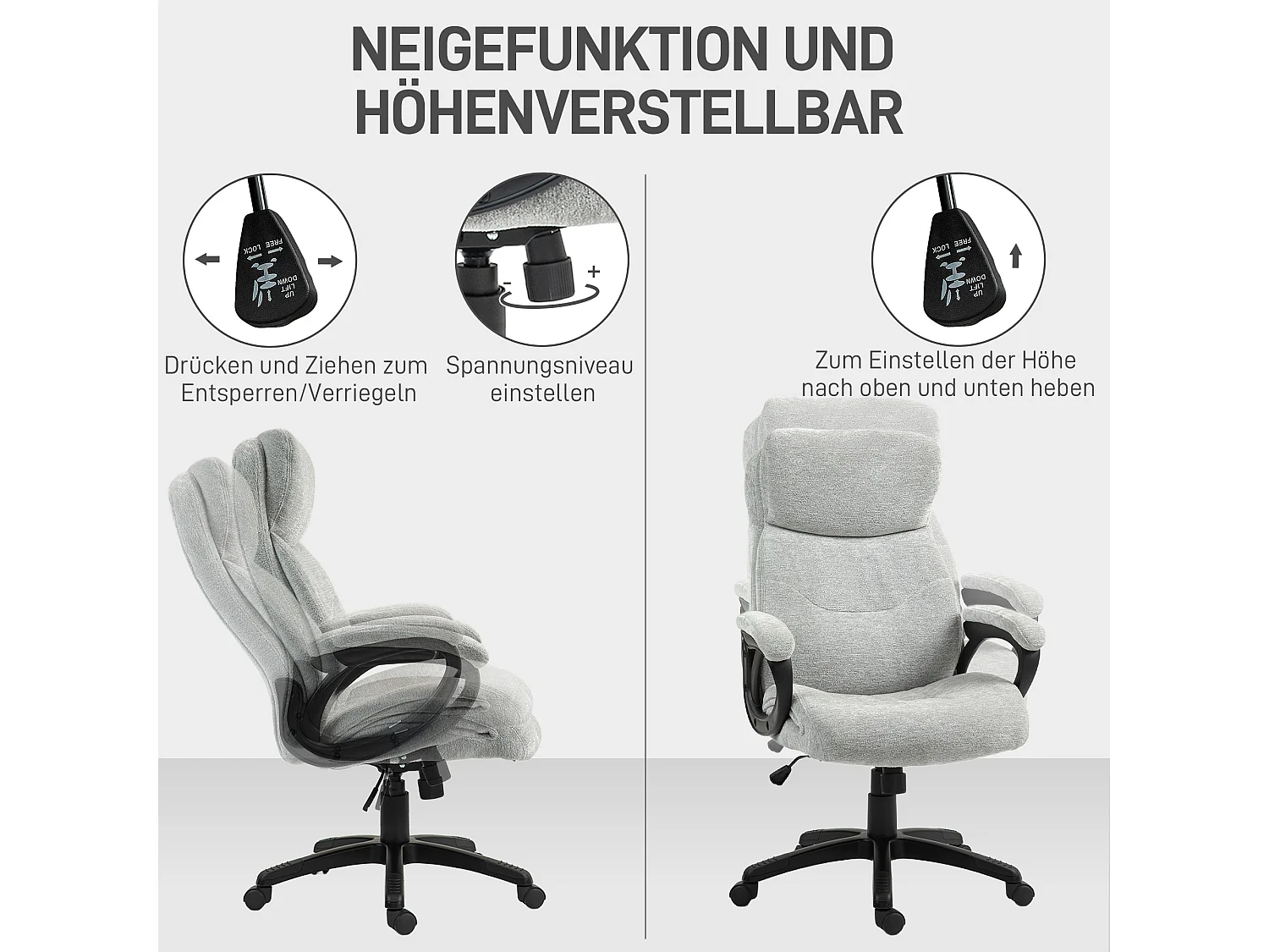 Fauteuil de bureau ergonomique avec fonction bascule, polyester, gris clair (66x77x106.5-115.5cm)