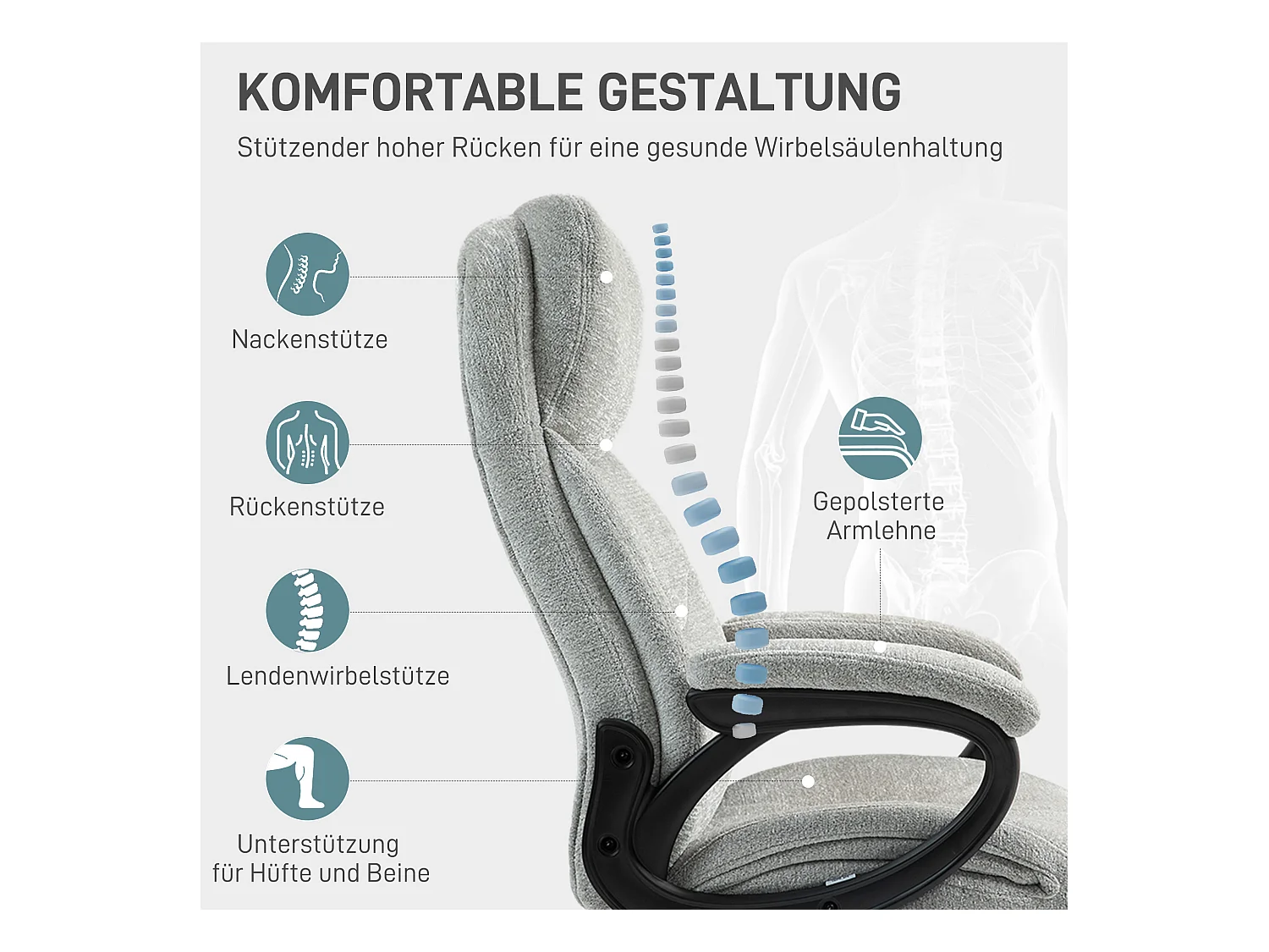 Fauteuil de bureau ergonomique avec fonction bascule, polyester, gris clair (66x77x106.5-115.5cm)