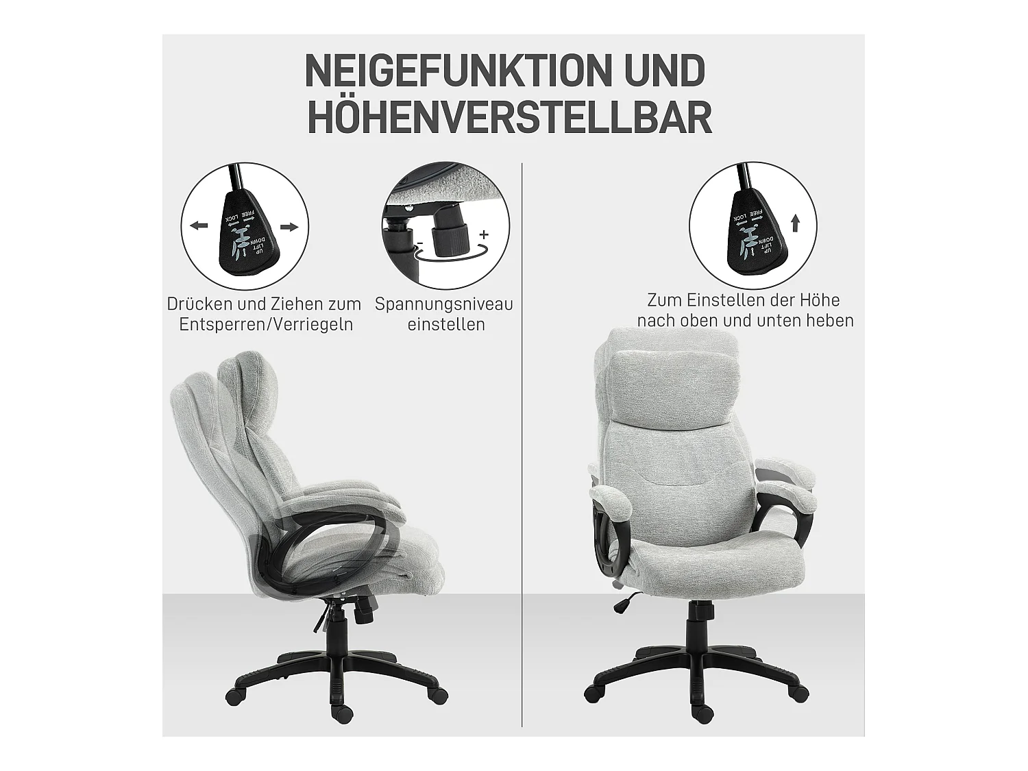 Fauteuil de bureau ergonomique avec fonction bascule, polyester, gris clair (66x77x106.5-115.5cm)