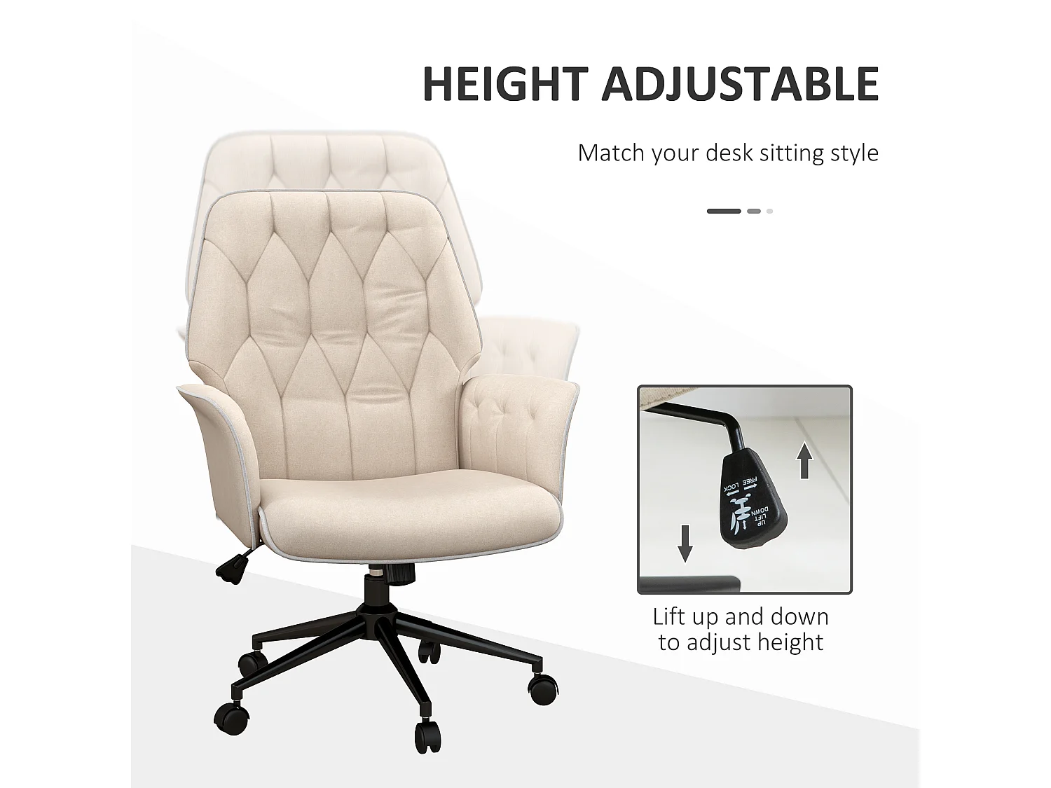 Chaise de bureau avec fonction bascule, réglable en hauteur, tissu, beige (66x69x89.5-97 cm)