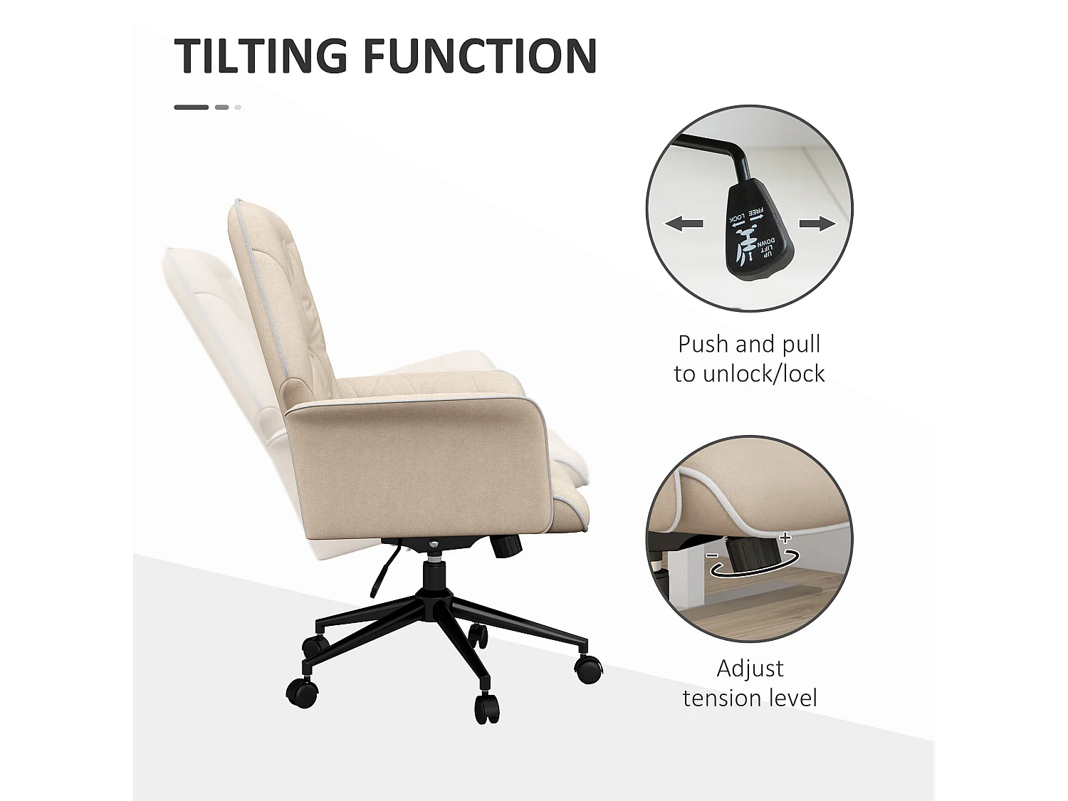 Chaise de bureau avec fonction bascule, réglable en hauteur, tissu, beige (66x69x89.5-97 cm)