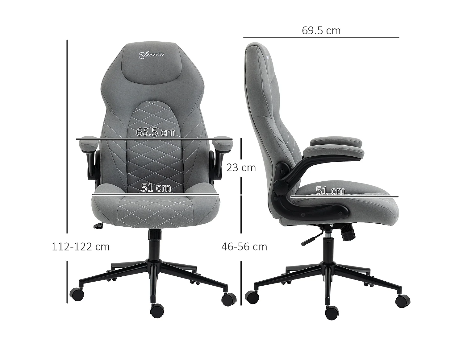 Ergonomische bureaustoel met schommelfunctie, verstelbare armleuningen, zacht kussen, polyester, lichtgrijs (65,5x69,5x122cm)
