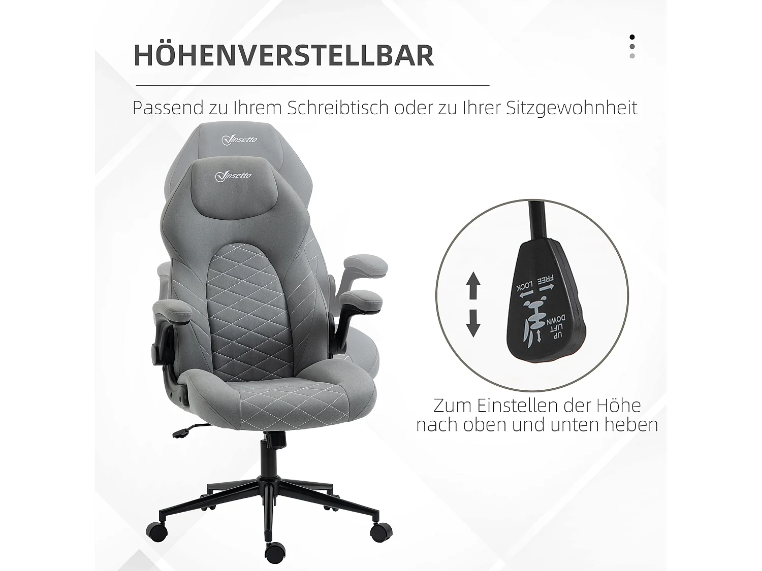 Ergonomische bureaustoel met schommelfunctie, verstelbare armleuningen, zacht kussen, polyester, lichtgrijs (65,5x69,5x122cm)