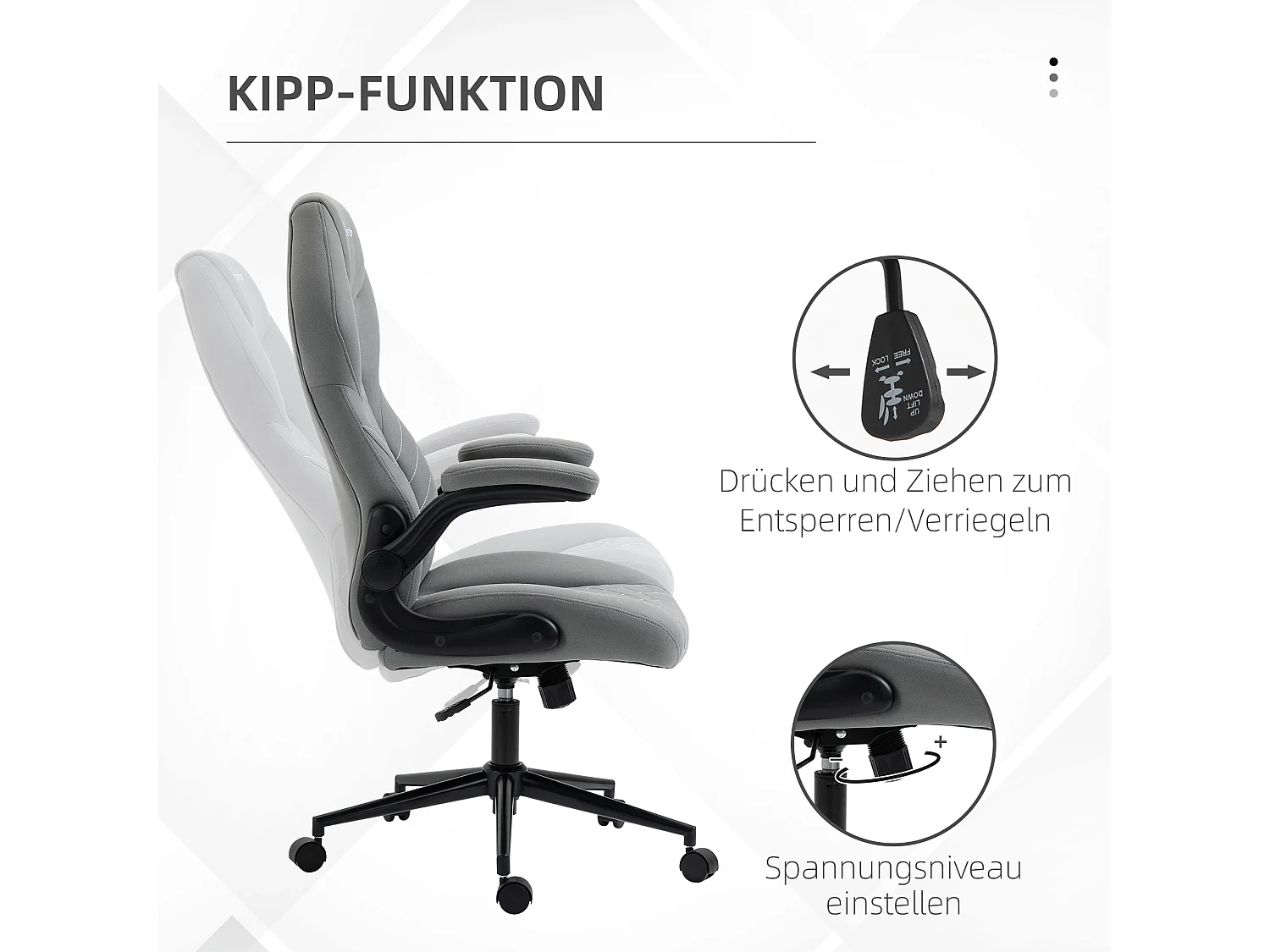 Ergonomische bureaustoel met schommelfunctie, verstelbare armleuningen, zacht kussen, polyester, lichtgrijs (65,5x69,5x122cm)