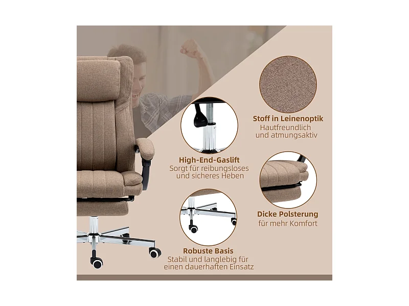 Silla de oficina ergonómica con 5 modos de masaje, respaldo ajustable, reposapiés, poliéster, marrón (65x61x113cm)