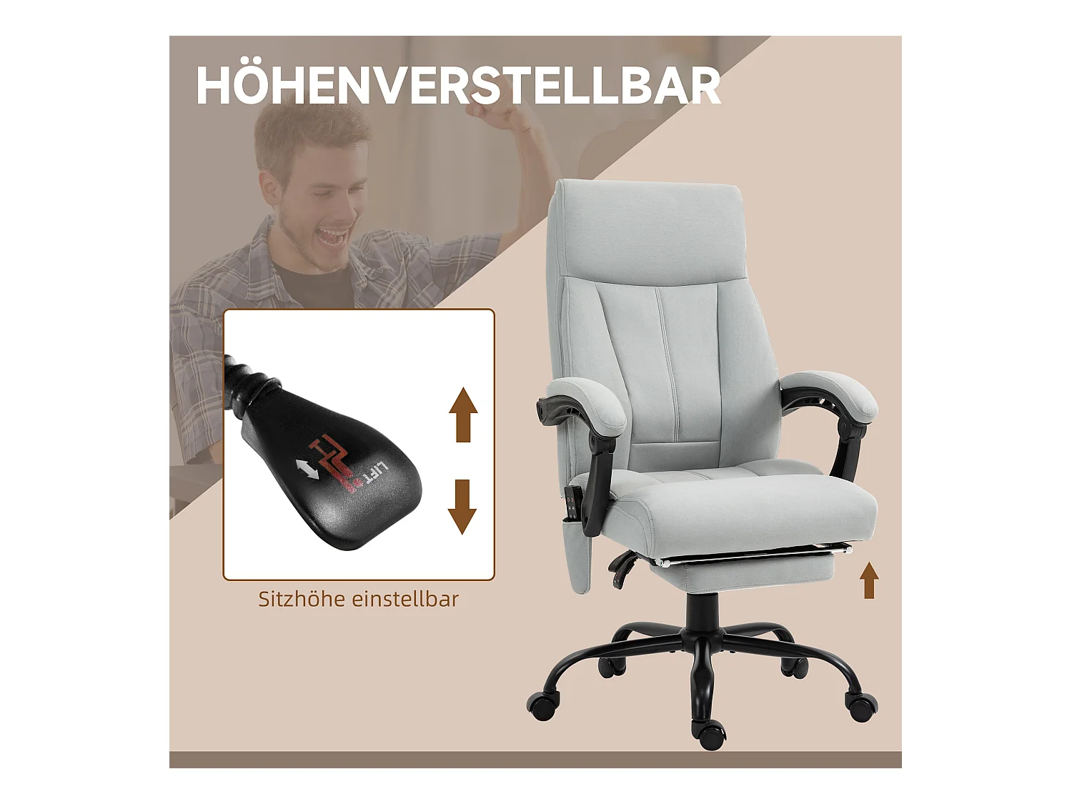 Fauteuil de bureau avec fonction massage, fonction inclinable, hauteur réglable, tissu en polyester, gris clair (65x74x119 cm)