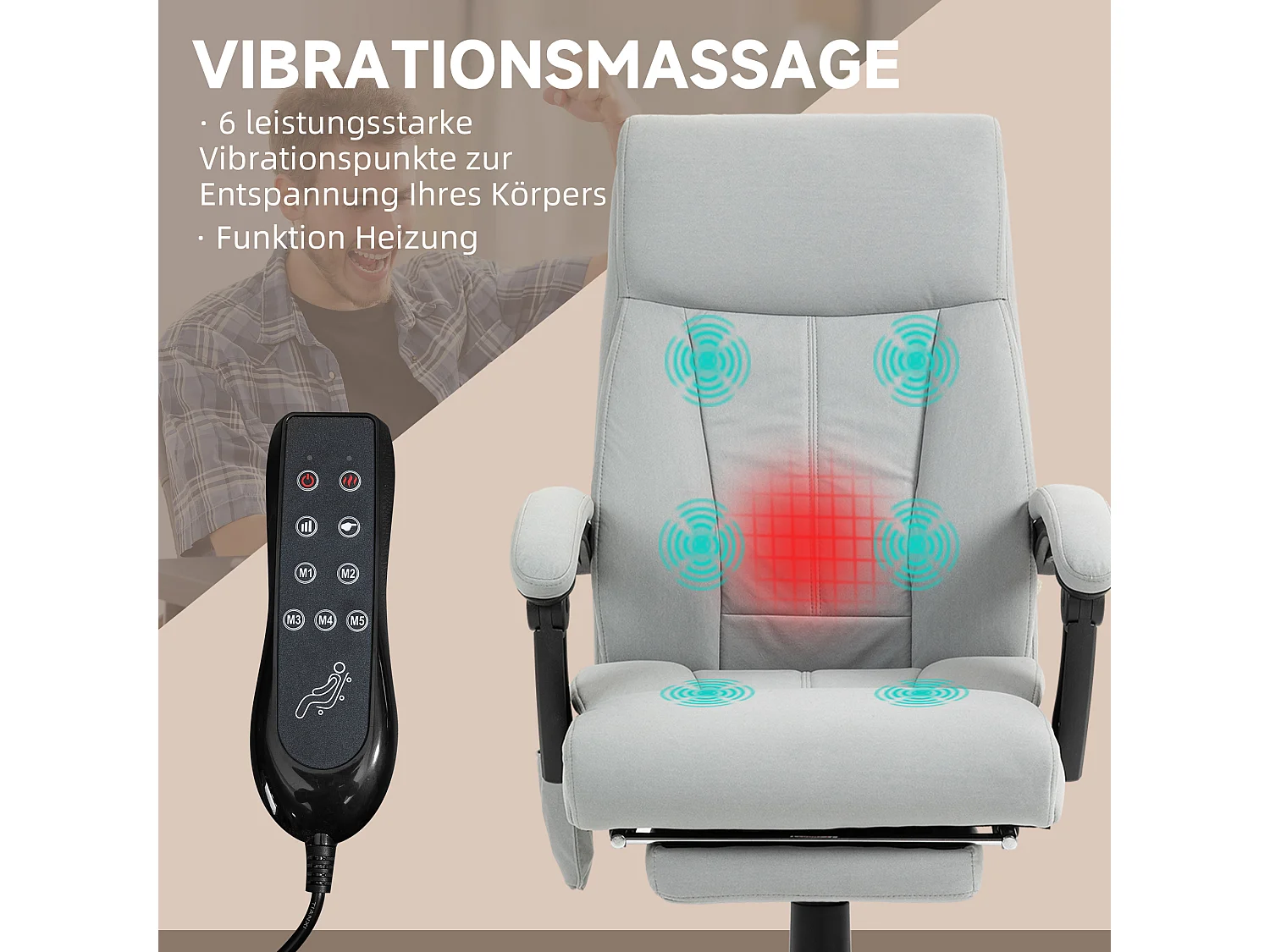 Fauteuil de bureau avec fonction massage, fonction inclinable, hauteur réglable, tissu en polyester, gris clair (65x74x119 cm)