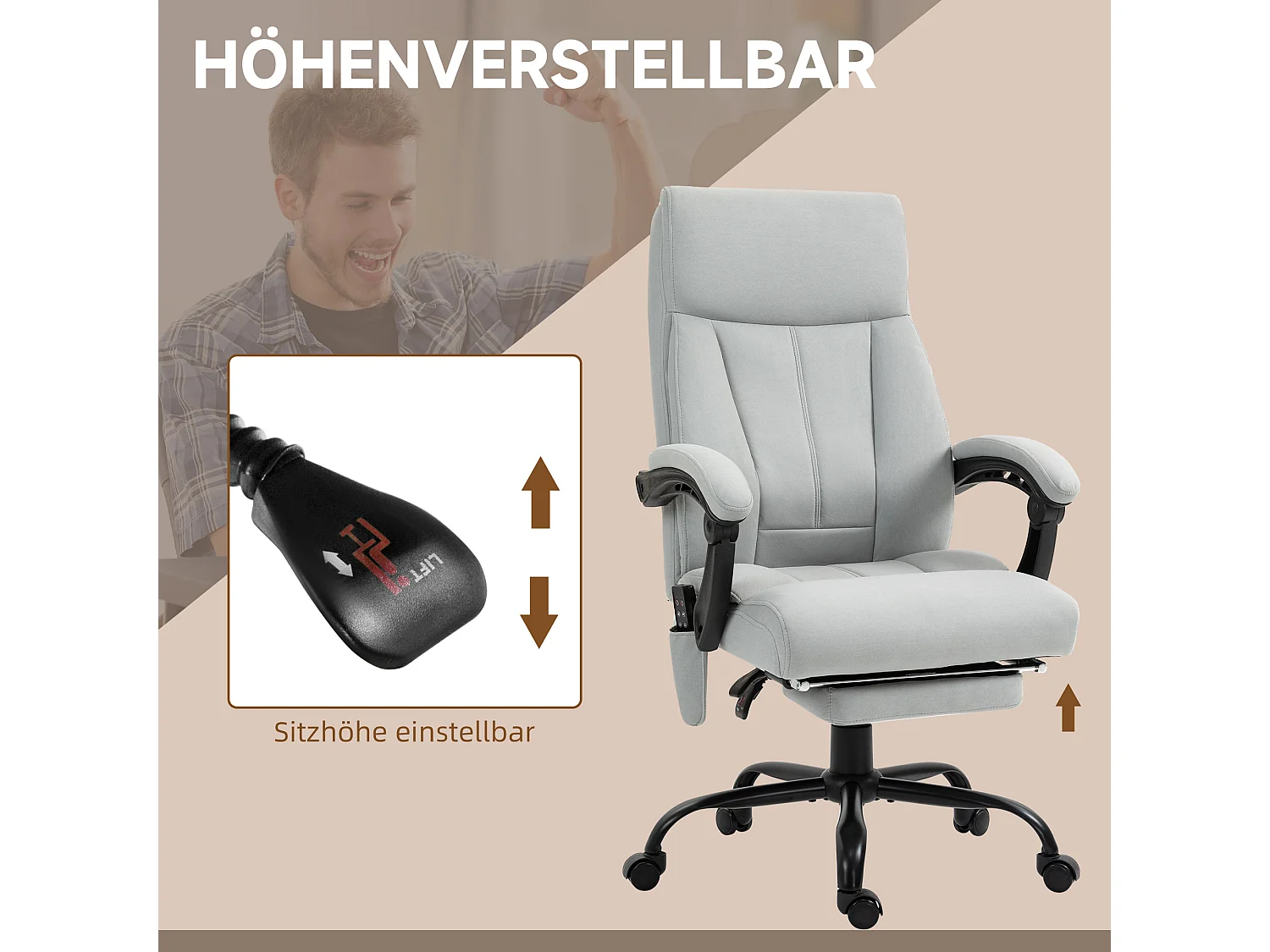 Fauteuil de bureau avec fonction massage, fonction inclinable, hauteur réglable, tissu en polyester, gris clair (65x74x119 cm)