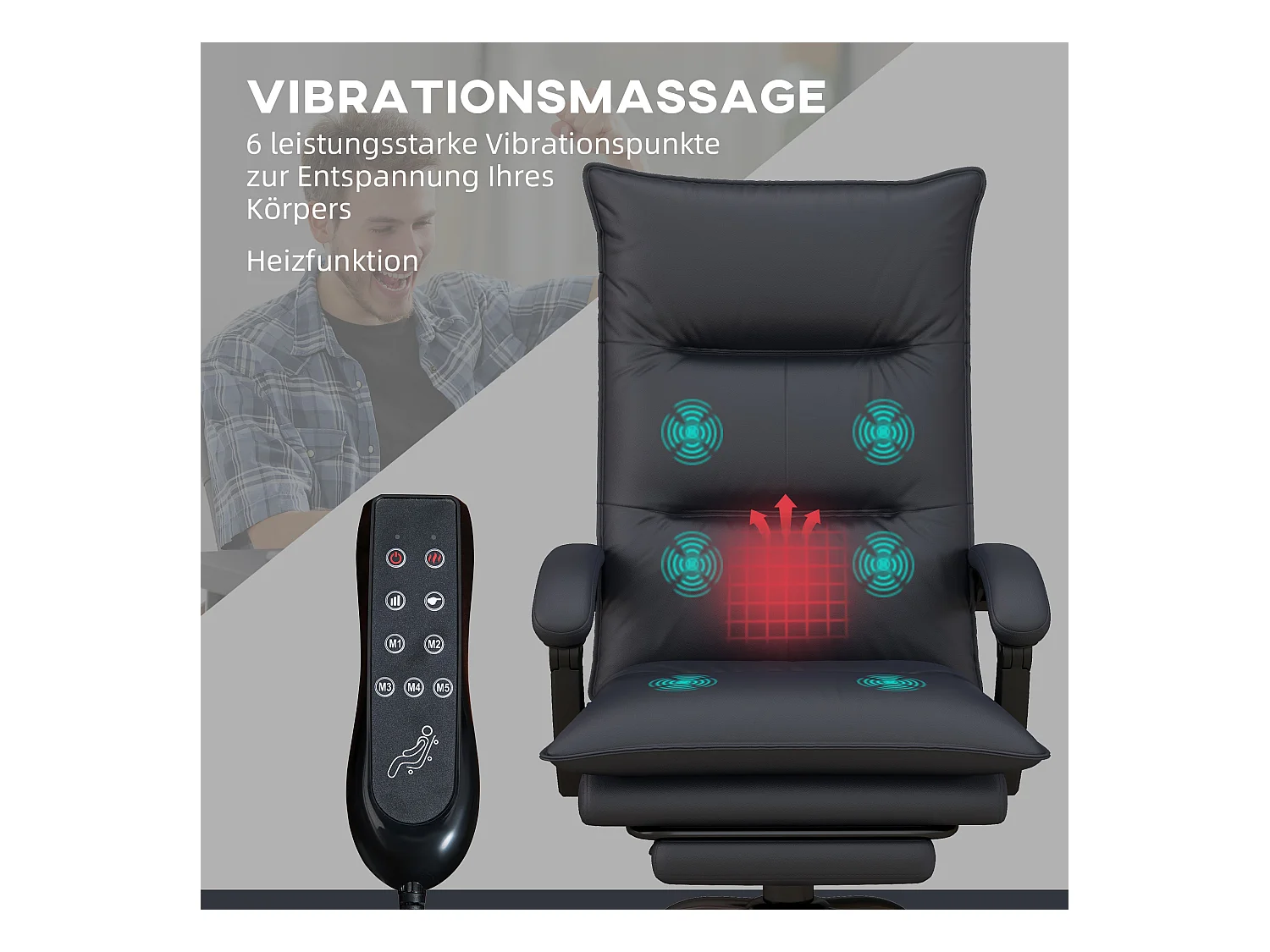 Chaise de bureau avec fonction de massage, réglable en hauteur, avec repose-pieds, en polyester, gris foncé (66x74x114-121.5 cm)