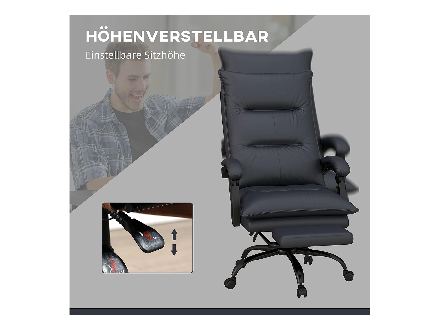 Chaise de bureau avec fonction de massage, réglable en hauteur, avec repose-pieds, en polyester, gris foncé (66x74x114-121.5 cm)