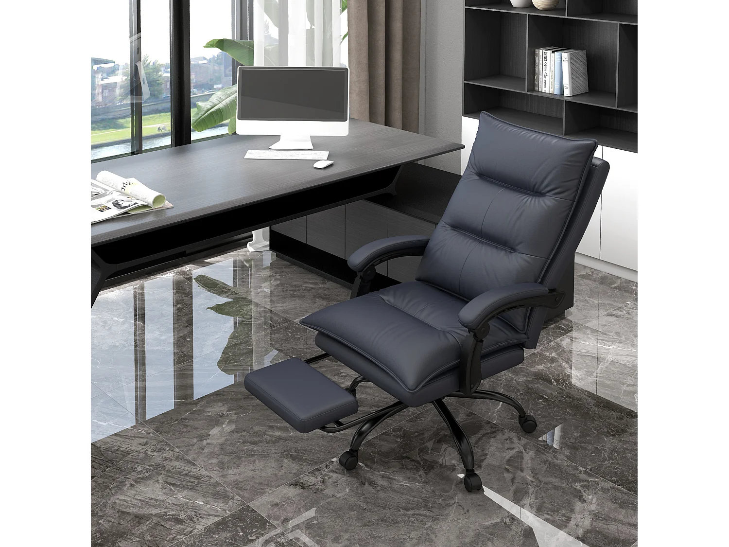 Chaise de bureau avec fonction de massage, réglable en hauteur, avec repose-pieds, en polyester, gris foncé (66x74x114-121.5 cm)