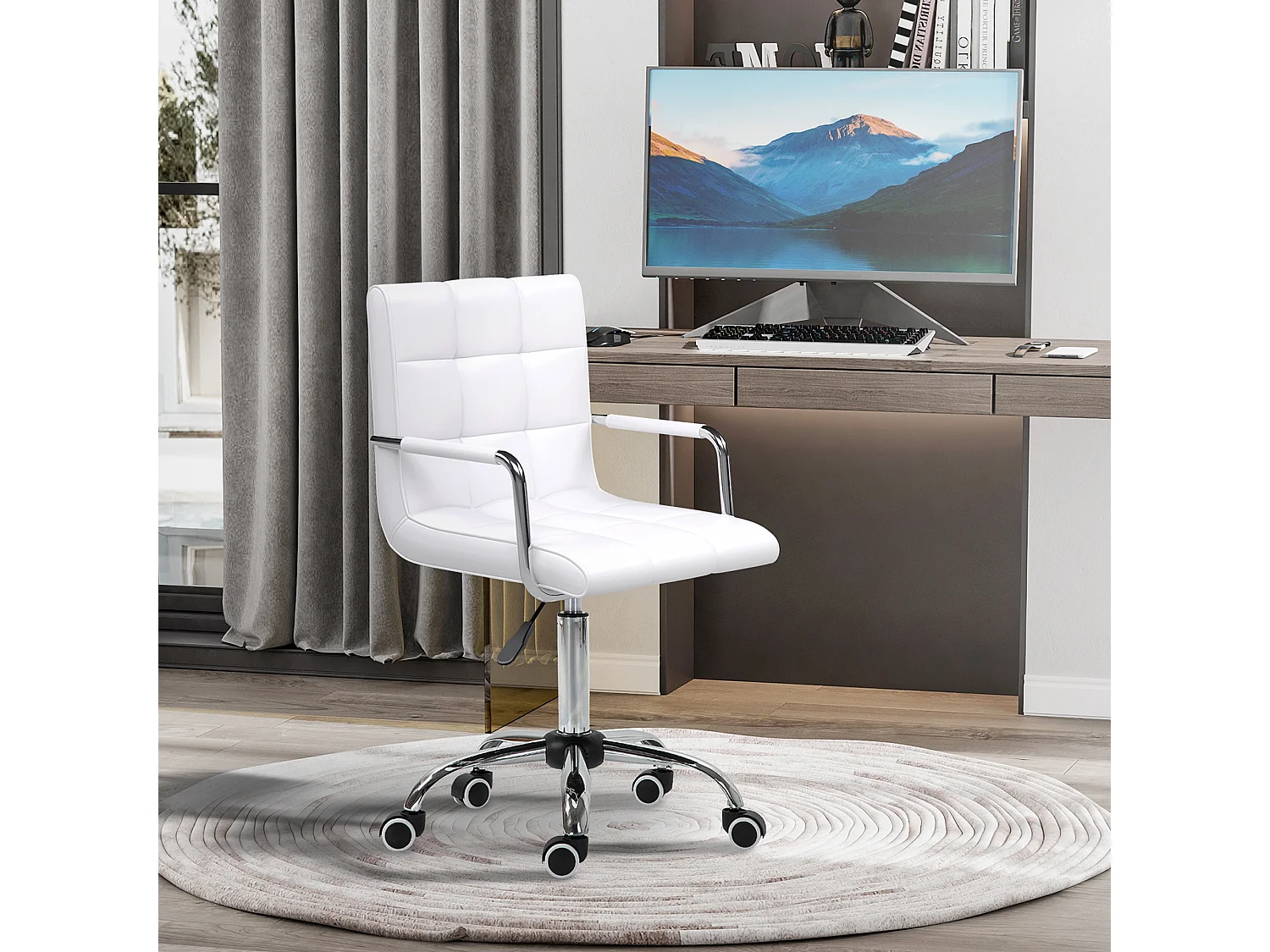 Chaise de bureau ergonomique, cuir PU, blanche, avec réglage de hauteur (52.5x54x99 cm)